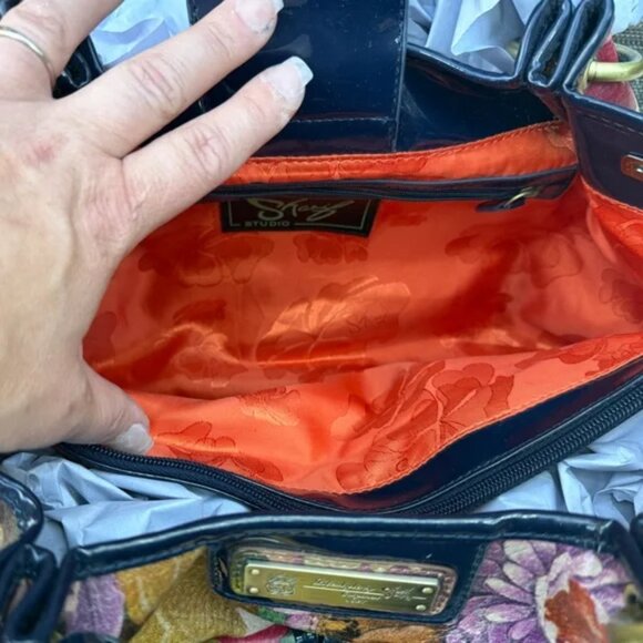 Sharif Floral Floral Shoulder Bag with Black  Patent Trim - EUC - Picture 9 of 11